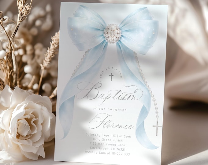 Pearl Blue Bow Baptism invitation template | Silver Religious Christening invite ( Corjl Editable Template) #bp3