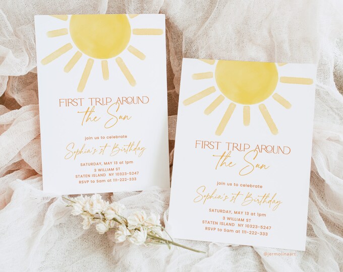 First trip around the sun birthday invitation. Gender neutral 1st birthday invite. Boho sun birthday invitation #s2