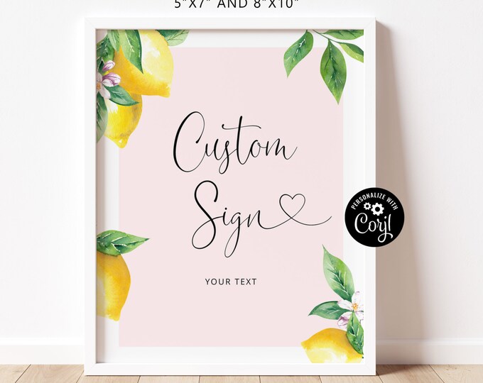 Pink Lemon Custom Sign Template,  Lemon Wedding or Bridal Shower Table Sign. Citrus Create Your Custom Sign. Instant Download #lem2