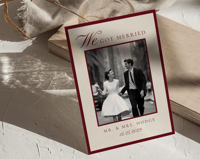 Luxury Black and white photo Old money Wedding Announcement Corjl template #om1