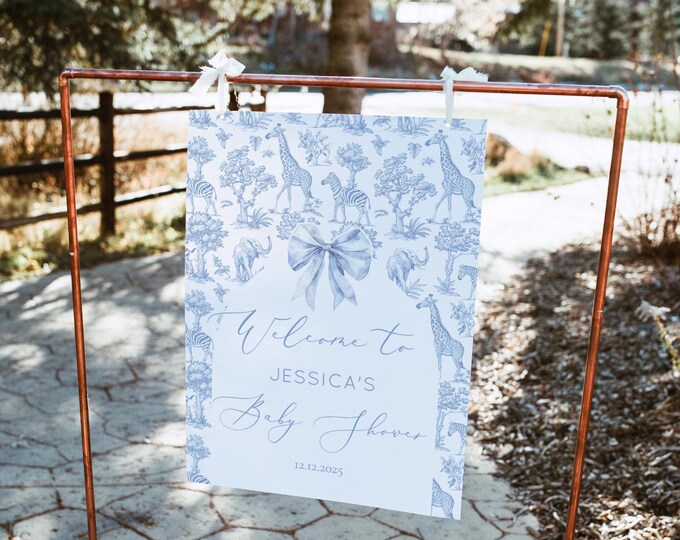 Toile Safari Baby shower Welcome sign. Blue Toile de Jouy Safari Baby shower arch bow Welcome sign. Corjl Editable templates #toi1
