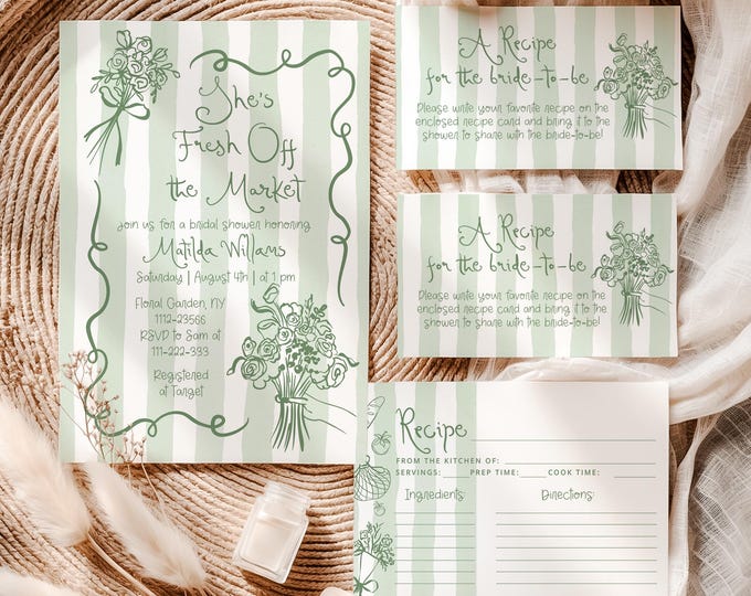 She's off the market Bridal Shower Bundle | Sage green Whimsical recipe card Corjl Template #of2