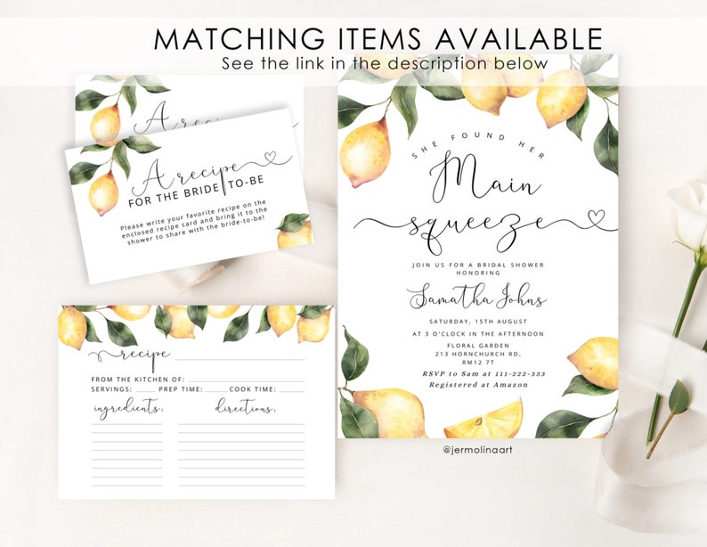May include: A printable bridal shower invitation with a lemon theme. The invitation features a watercolor illustration of lemons and leaves, with the text "She found her Main squeeze" in a handwritten font. The invitation includes details for the shower, including the date, time, location, and RSVP information.