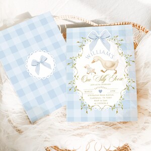 May include: Two light blue invitations with a gingham pattern. One features a bow and scalloped edge. The other has a watercolor illustration of a goose and gosling, with text that reads "William's One Silly Goose".