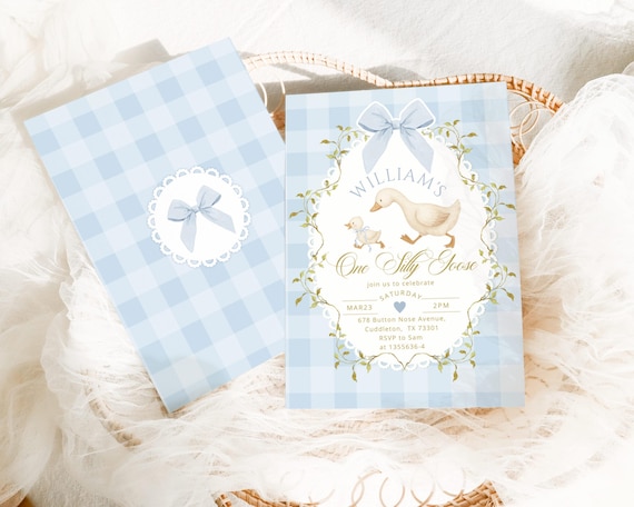 Editable One Silly Goose Boy First Birthday invitation,  Blue Gingham invite Corjl template #sg5