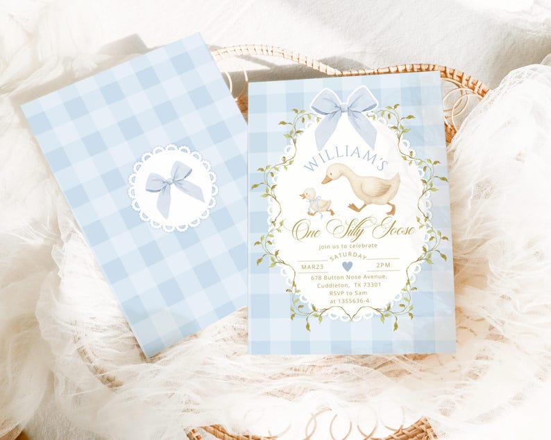 May include: Two light blue invitations with a gingham pattern. One features a bow and scalloped edge. The other has a watercolor illustration of a goose and gosling, with text that reads "William's One Silly Goose".