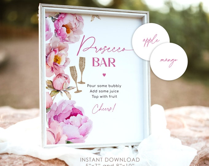 Prosecco Bar Sign, Bring pink petals and prosecco Bubbly Bar Sign, Fuchsia minimalist juice tags #pet1