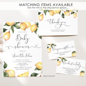 May include: A lemon-themed baby shower invitation with watercolor illustrations of lemons and greenery. The invitation includes the text "Join us for a Baby Shower" and the name "Samantha Johns".