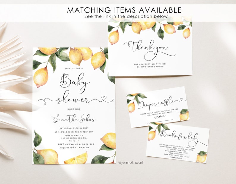 May include: A lemon-themed baby shower invitation with watercolor illustrations of lemons and greenery. The invitation includes the text "Join us for a Baby Shower" and the name "Samantha Johns".