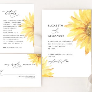 Zonnebloem Bruiloft Uitnodiging sjabloon bundel. Elegante bruiloft bundel printables. Bewerkbare huwelijksgegevens, RSVP-kaart. #sun1