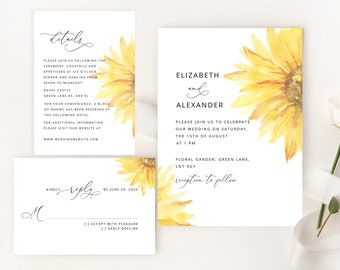 Sunflower Wedding Invitation template bundle. Elegant wedding bundle printables. Editable  wedding details, RSVP card. #sun1