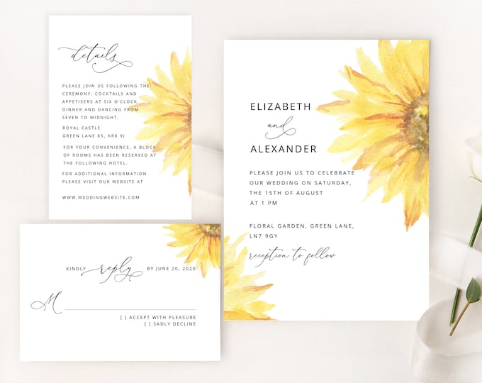 Sunflower Wedding Invitation template bundle. Elegant wedding bundle printables. Editable  wedding details, RSVP card. #sun1
