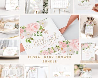 Blush pink Floral baby shower bundle. Elegant Gold calligraphy blush pink Baby girl Shower invitation bundle. Corjl template #fl1