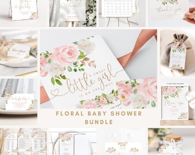Blush pink Floral baby shower bundle. Elegant Gold calligraphy blush pink Baby girl Shower invitation bundle. Corjl template #fl1