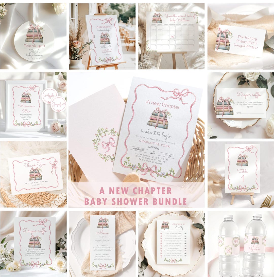 New Chapter Pink Bow Baby Shower Bundle, Pink Bow Storybook Baby Shower ...