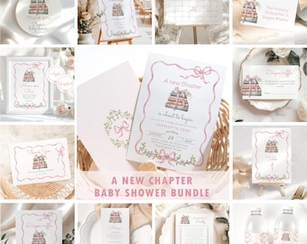 New Chapter Pink Bow Baby Shower bundle, Pink Bow Storybook Baby Shower invitation bundle, Editable New Chapter girl shower bundle #bl1