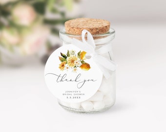 Lemon sticker template. Lemon bridal shower round favor tag template. Lemon Circle Sticker Template Corjl printable #lm2