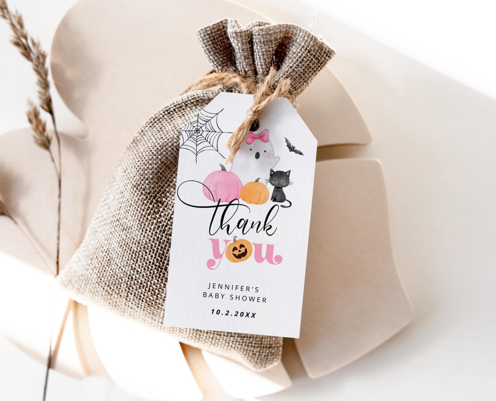 Spooky One Birthday Thank You Tag: Pink Halloween Template (digital ...