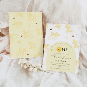 Sweet to bee one First Birthday invitation. Minimalist 1st bee day invitation. Editable Bumble bee birthday invitation #be1