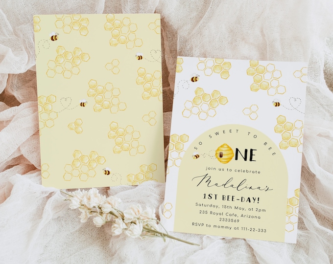 Sweet to bee one First Birthday invitation. Minimalist 1st bee day invitation. Editable Bumble bee birthday invitation #be1