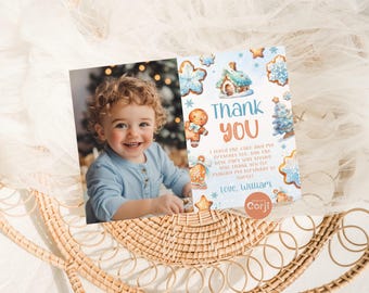 Editable Christmas Cookie Blue Boy Birthday Photo Thank you card. Boy Little Man birthday Thank you card template with photo Corjl  #1bc
