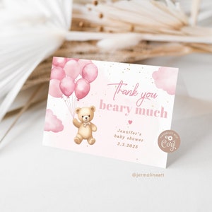 Roze teddybeer bedankkaartjes printbaar sjabloon. Roze ballonnen meisje baby shower bedankkaart. We kunnen lang wachten. Bedankkaart #p12