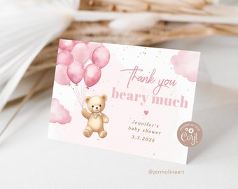 Pink teddy Bear Thank You Cards Printable Template.  Pink balloons girl baby shower thank you card. We can bearly wait Thank You Card #p12