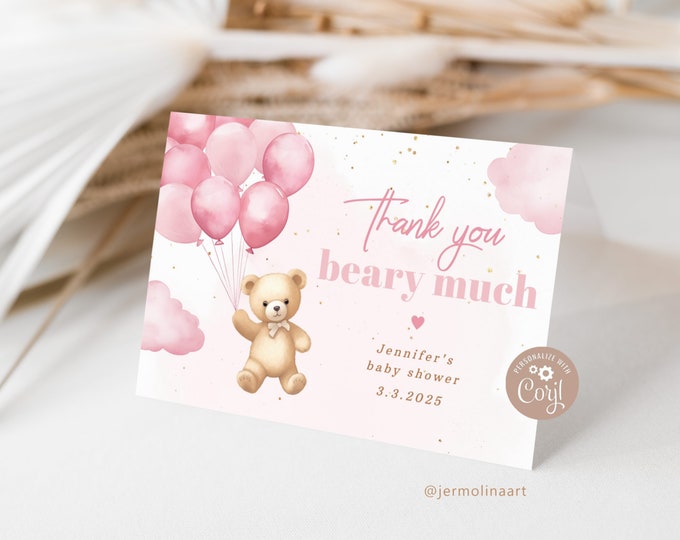 Pink teddy Bear Thank You Cards Printable Template.  Pink balloons girl baby shower thank you card. We can bearly wait Thank You Card #p12