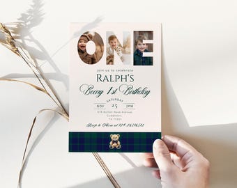Luxury Teddy Bear 1st Birthday Invitation: Preppy Classic Plaid Photo Collage Corjl Template #pbe1