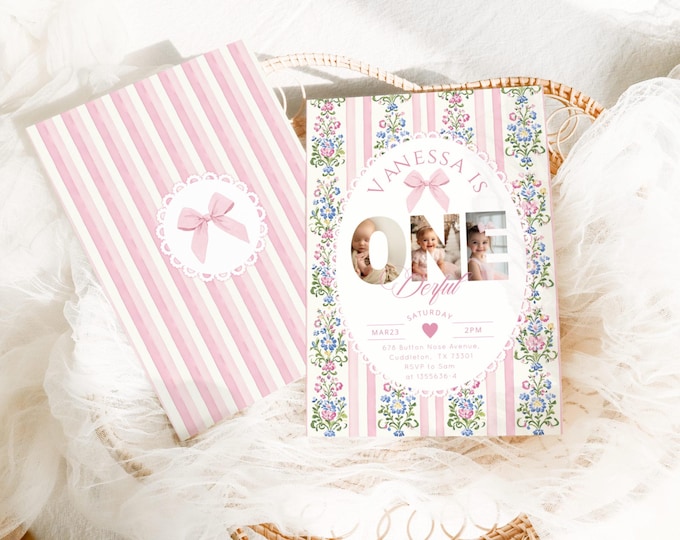 Onederful Photo collage 1st Birthday invitation, Love Shack Editable Corjl Template #fo1
