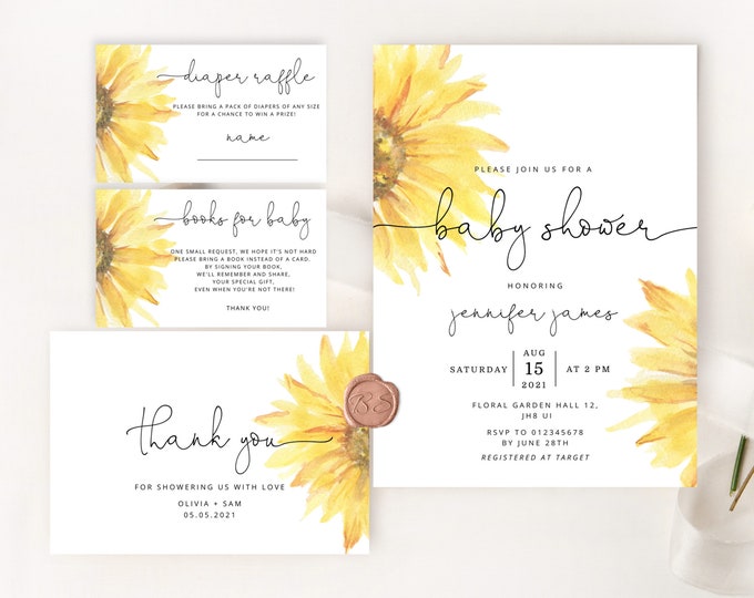 Sunflower baby shower Invitation bundle. Gender neutral, editable sunflower baby shower printable pack. Books for baby, diaper raffle #sun1