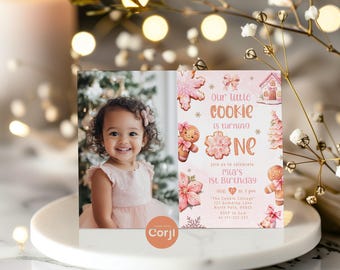 Editable One Little Cookie Girl 1st Birthday photo invitation. Pink Gingerbread Little Cookie is Turning One invite. Corjl Template #1cc