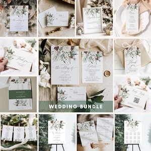 May include: A collection of wedding stationery featuring a winter floral design with white roses, pinecones, and greenery. The set includes invitations, reply cards, menu cards, thank you tags, and table cards. The words "Wedding Bundle" are displayed.