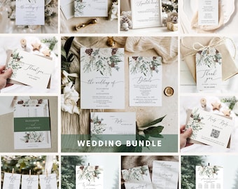 Evergreen winter Wedding Invitation suite. Elegant winter wedding invitation bundle. Editable Full winter wedding bundle #ev1