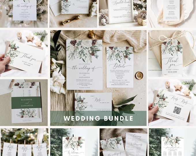 Evergreen winter Wedding Invitation suite. Elegant winter wedding invitation bundle. Editable Full winter wedding bundle #ev1
