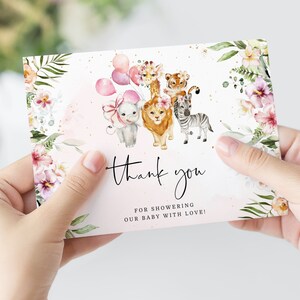 Safari Dankeskarte Druckbare Vorlage. Mädchen wild ein Dschungel Tiere Baby Shower Dankeskarte. Sofortiger Download #saf1