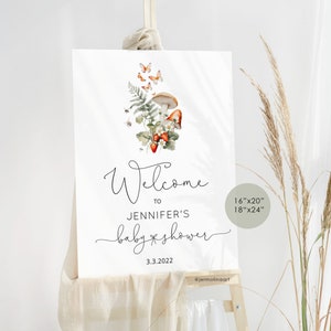 Letrero de bienvenida para baby shower con forma de hongo pequeño. Plantilla editable de letrero de bienvenida para baby shower con forma de bosque otoñal Corjl #mush1