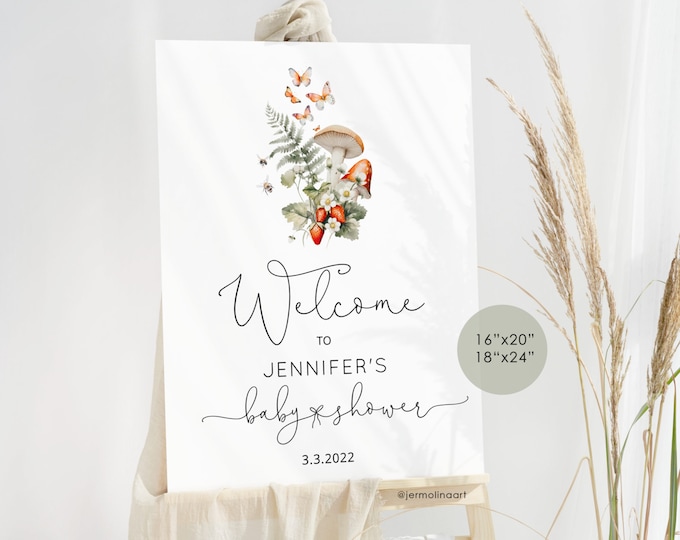 Little mushroom baby shower welcome sign. Editable fall forest baby shower welcome sign template Corjl #mush1