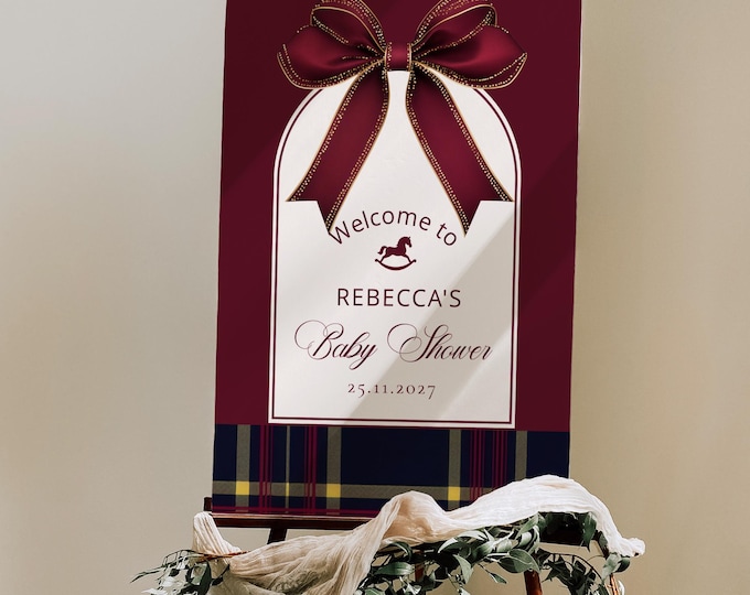 A Merry Little Baby Shower Welcome sign template: Red Bow Christmas plaid #rh1