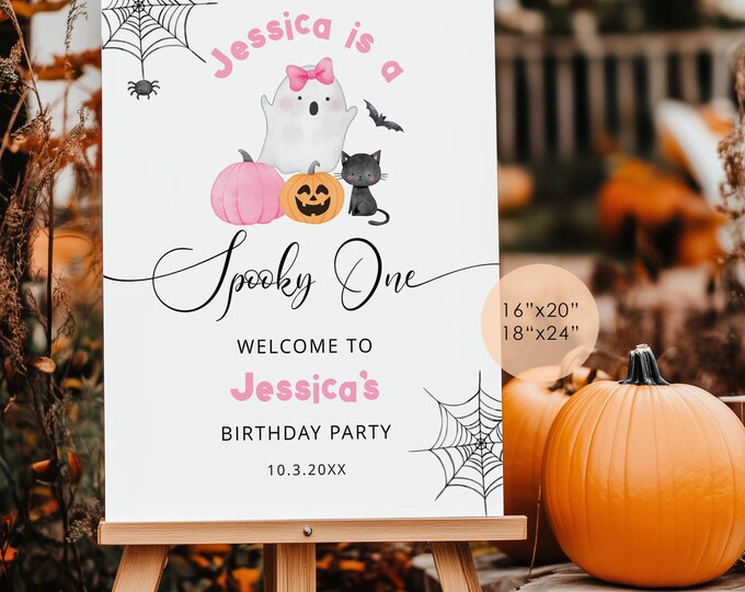 Spooky One birthday welcome sign. Cute girl Halloween party welcome sign template. Girl Spooky One welcome #hl2
