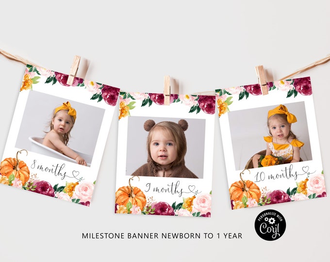 Pumpkin milestone monthly photo banner.  Little pumpkin First year photo banner. Editable fall 1st birthday monthly banner Corjl  #p2