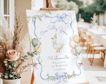 One Silly Goose Welcome sign template, Boy Blue Bow One Silly Goose 1st Birthday Welcome sign, Goose Bow frame Welcome sign Corjl  #sg1