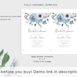 K&ouml;nnte beinhalten: Eine druckbare Babyparty-Einladungsvorlage mit einem Aquarell-Blumendesign mit blauen und wei&szlig;en Blumen. Der Text lautet "Schlie&szlig;en Sie sich uns zu einer Bridal Shower an, die die Braut zu sein, Samantha Johns, ehrt".
