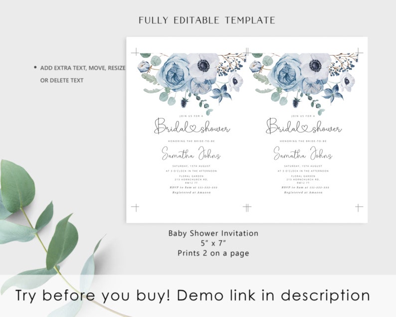 K&ouml;nnte beinhalten: Eine druckbare Babyparty-Einladungsvorlage mit einem Aquarell-Blumendesign mit blauen und wei&szlig;en Blumen. Der Text lautet "Schlie&szlig;en Sie sich uns zu einer Bridal Shower an, die die Braut zu sein, Samantha Johns, ehrt".