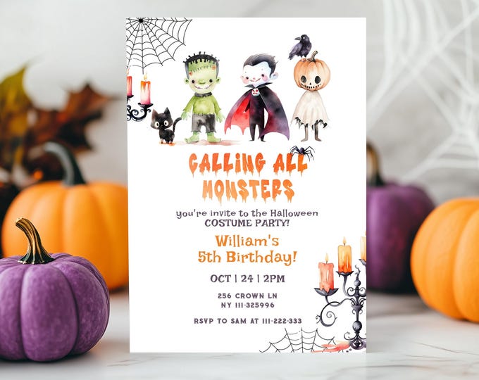 Halloween birthday invite. Calling all monsters Costume party invitation. Dracula Monsters Boy Costume birthday party invitation #hp1