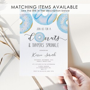 May include: A baby shower invitation with a blue and white donut theme. The invitation reads "Join us for a donuts & diapers sprinkle honoring Korrie Smith. Saturday, December 15th, Twenty Twenty-One at 3 o'clock in the afternoon. Floral Garden, 213 Hornchurch Rd, BM12 TT. RSVP to Olivia by June 15th."