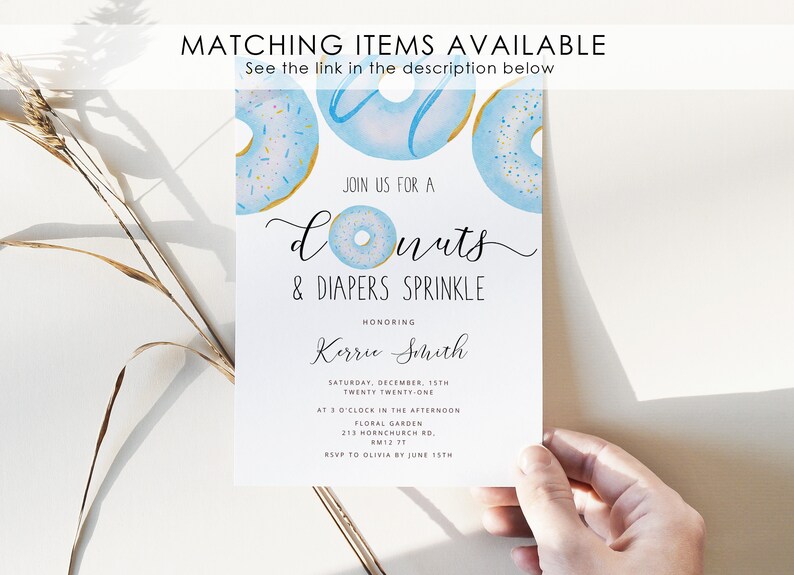 May include: A baby shower invitation with a blue and white donut theme. The invitation reads "Join us for a donuts & diapers sprinkle honoring Korrie Smith. Saturday, December 15th, Twenty Twenty-One at 3 o'clock in the afternoon. Floral Garden, 213 Hornchurch Rd, BM12 TT. RSVP to Olivia by June 15th."