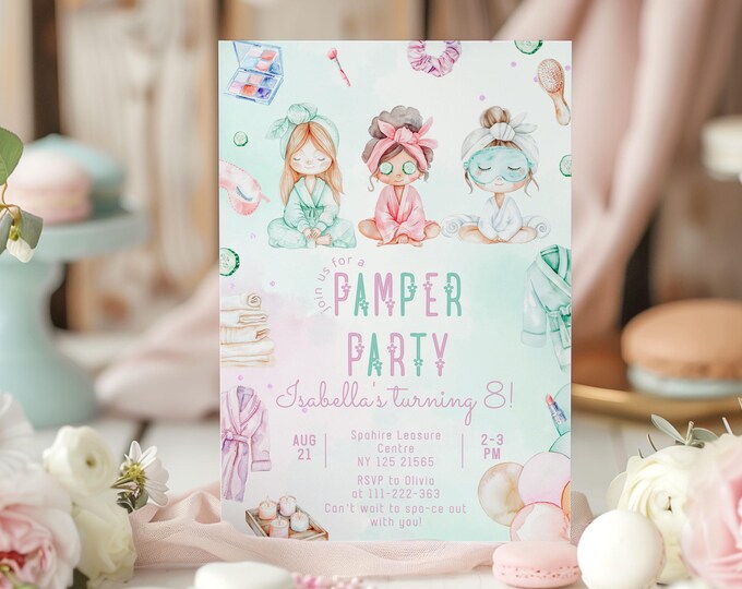 Pamper party girls Birthday invitation | Spa party Editable template Corjl #sp3