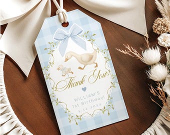 One Silly Goose Blue Gingham Birthday Favor tag template. Bow Thank you #sg5