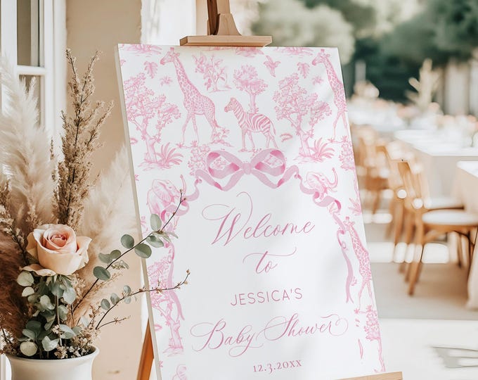 Pink Toile Safari Baby Shower Bow Welcome Sign (Editable in Corjl) toi4